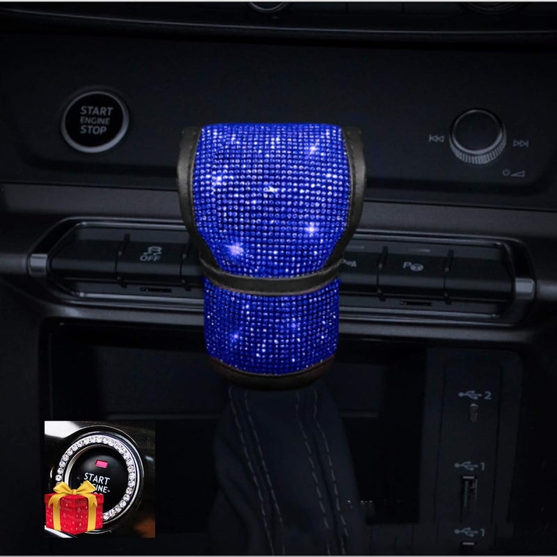 SPANICE Bling Auto Shift Gear Cover, Leather Gear Shift Knob Cover With Crystal Glitter Rhinestones for Girls, Lady Universal Fit (Blue) - Image 1